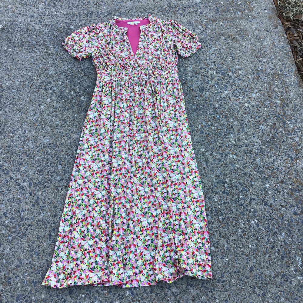 Boden Floral Midi Dress in Cream with Pink and Green - Picture 5 of 7